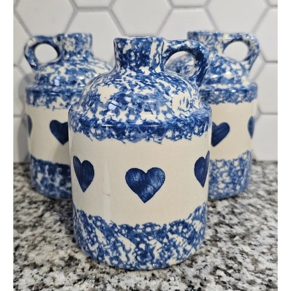 Set of THREE Vintage Cobalt Sponge Ware & Hearts Jug Oil Lamps 5" x 3.5" HENN - Picture 1 of 7